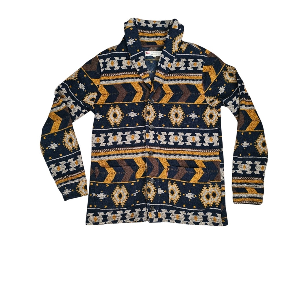 Levis Southwestern Geometric Shawl Collar Cardigan Sweater Navy Yellow Medium